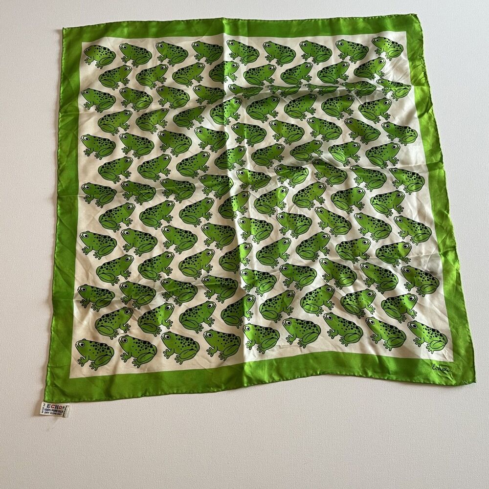 Vintage ECHO White/Green Frog Repetitive Design Reversible Square Scarf 22"x23"